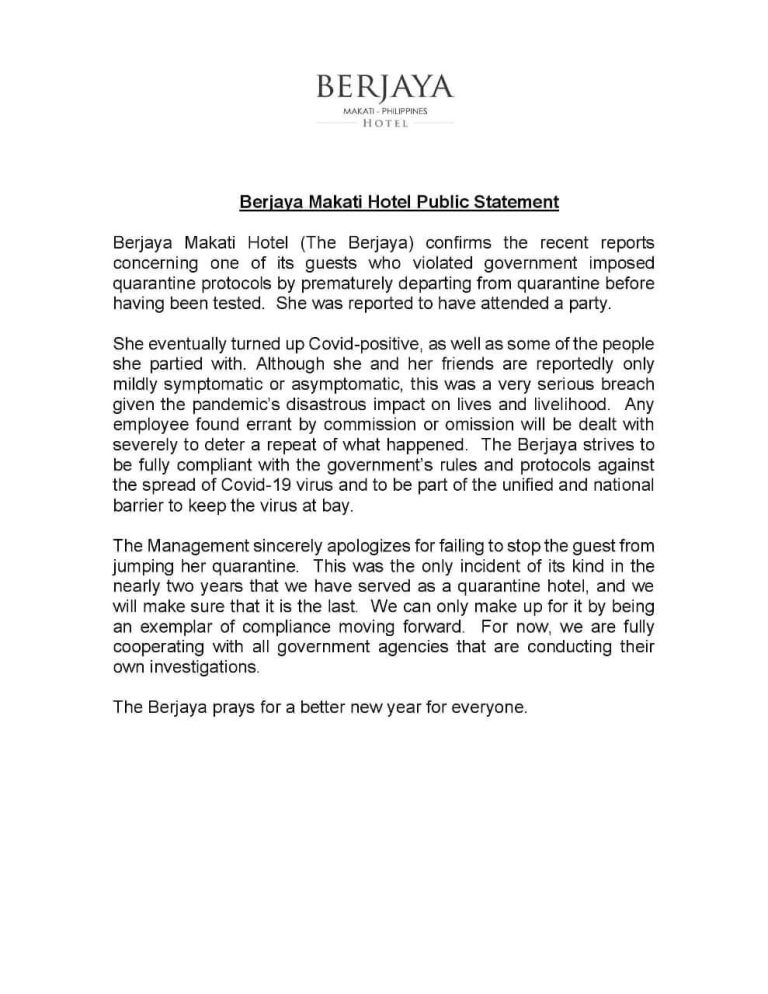 Berjaya Makati Hotel Official Statement regarding to one of its guest who violated quarantine protocol