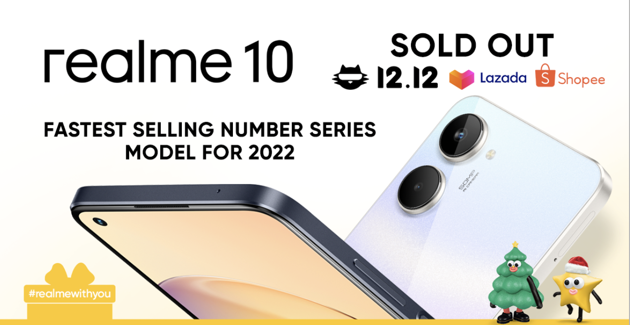 realme 10 achieves sold-out records on both Shopee and Lazada during the 12.12 Mega Pamasko sale!